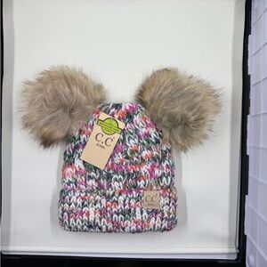 C.C Kids Colorful Knit Beanie with Faux Fur Pom Poms